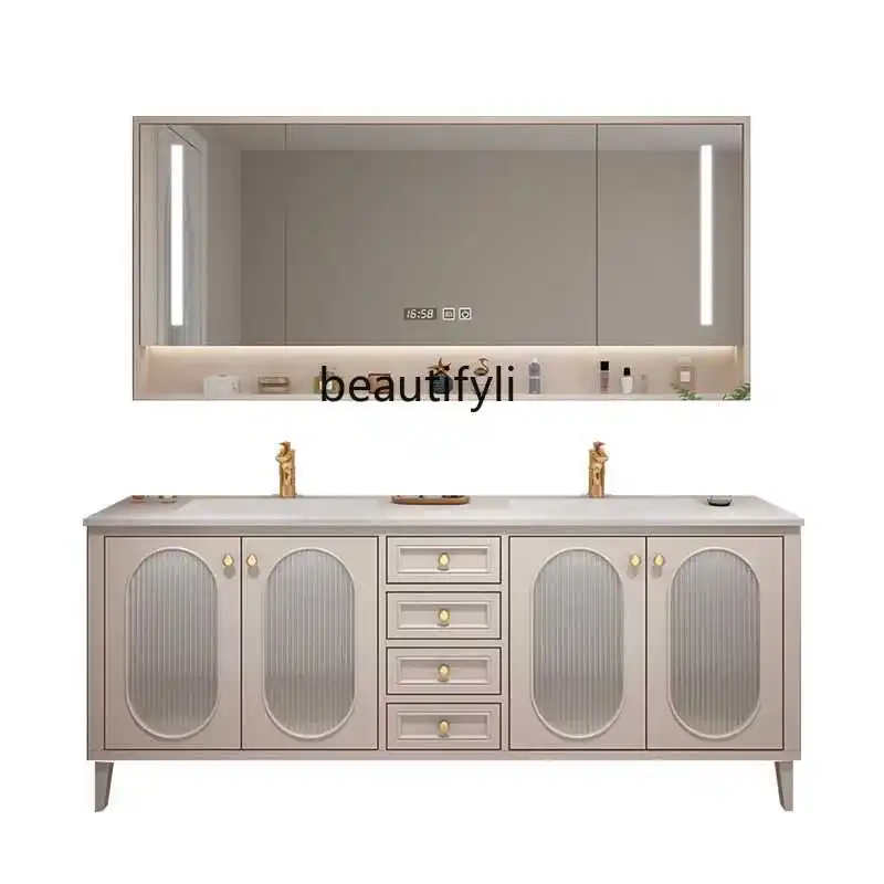 

Cream Style Solid Wood Bathroom Cabinet Combination Stone Plate Double Basin Seamless Basin American Floor Bathroom Table