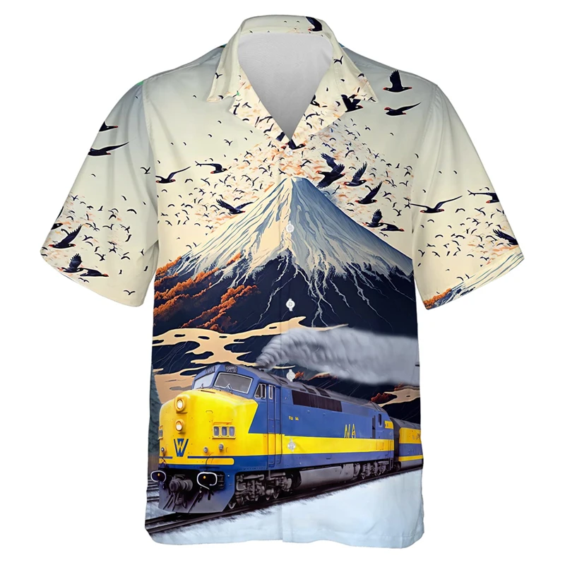 Fashion Transportation Graphic Shirts For Men Summer Casual Airplane Train Fire Truck 3D Printed Hawaiian Shirts Loose Kids Tops