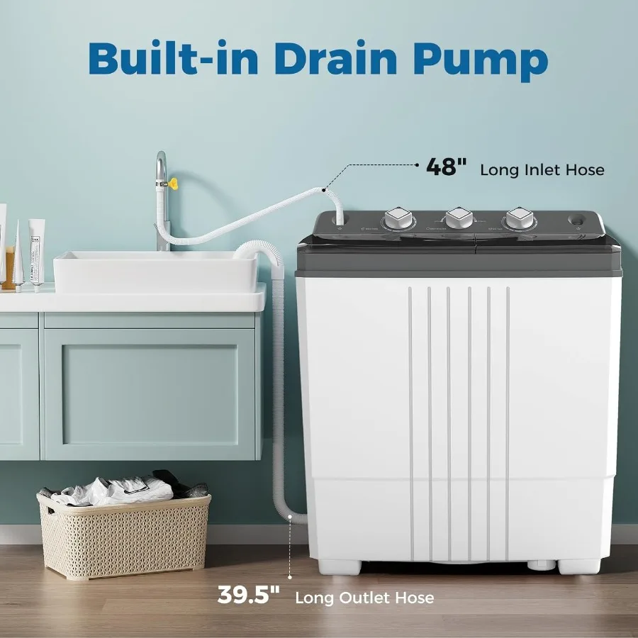 حوض غسيل محمول مزدوج بسعة 20 رطلاً، غسالة غسيل سعة 12 رطلاً ودوار 8 رطل يتميز بمضخة تصريف ومؤقت C