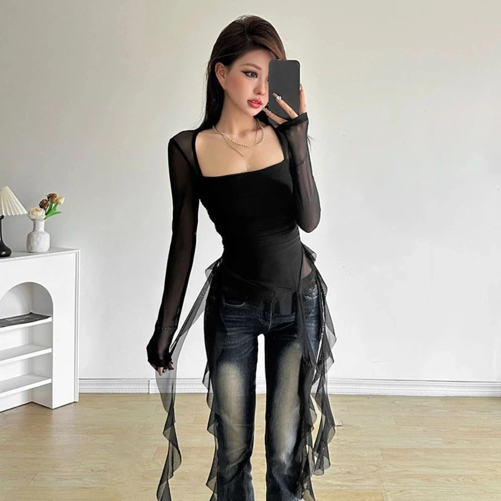 Streetwear Jellyfish Mesh Belt T-Shirt Elf Long Sleeve Pleated Collar Slim Fit Crop Tops Transparent Unusual