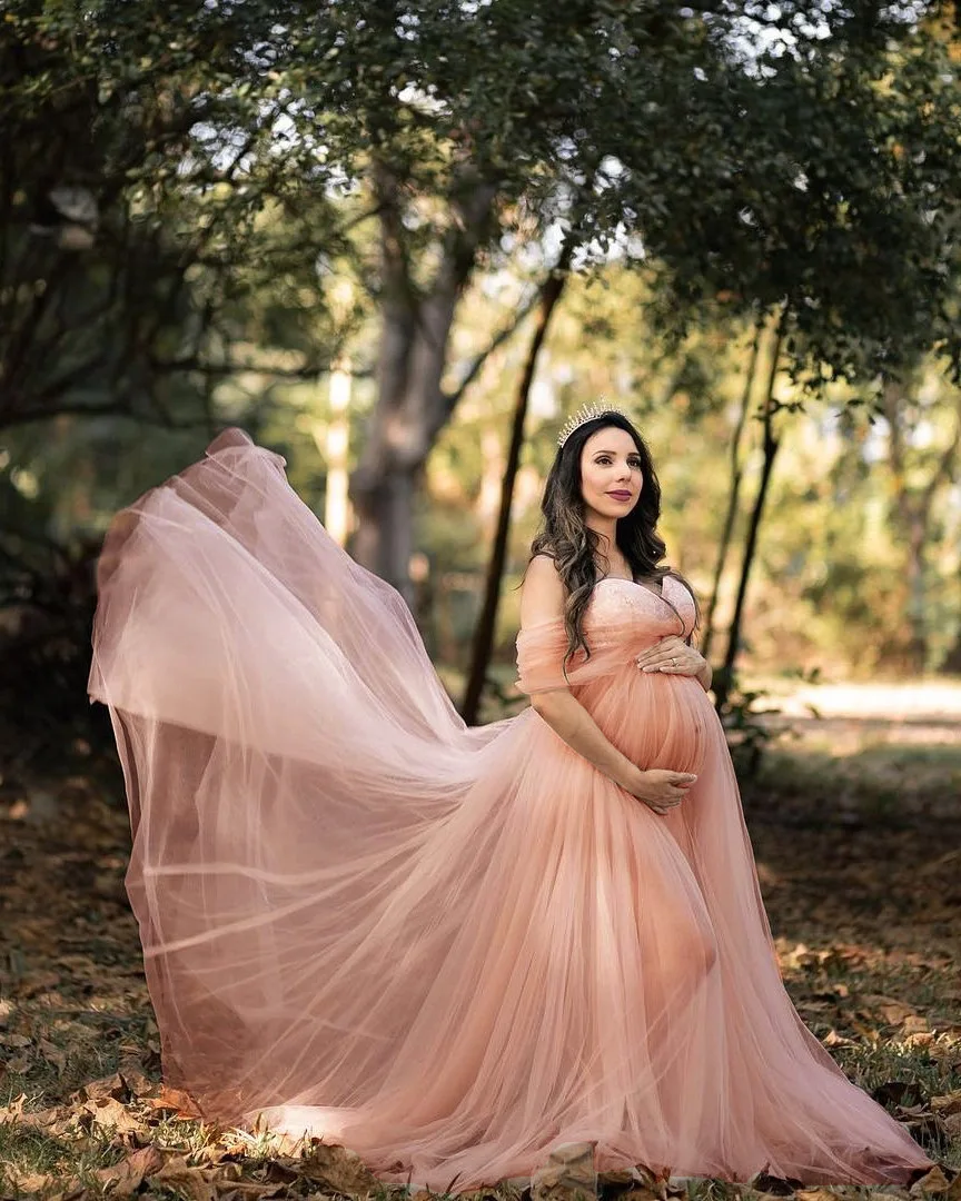 

Pregnancy Mesh Yarn Clothes Floral Shouldless Pregnancy Photogrpahy Dress Maternity Maxi Gown Dresses for Photo Shoot