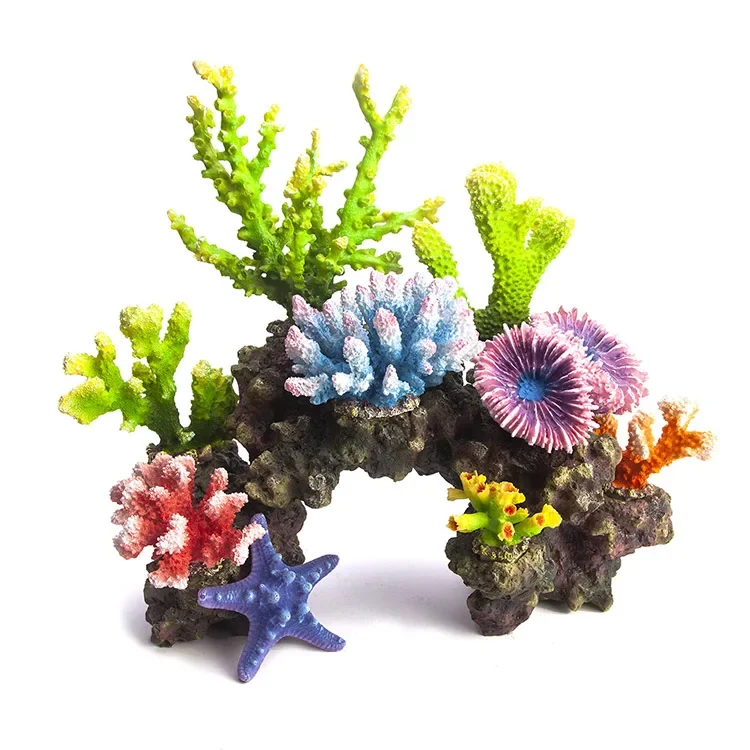 Fish tank colorful aquarium resin coral decoration man-made ornament with rock foundation