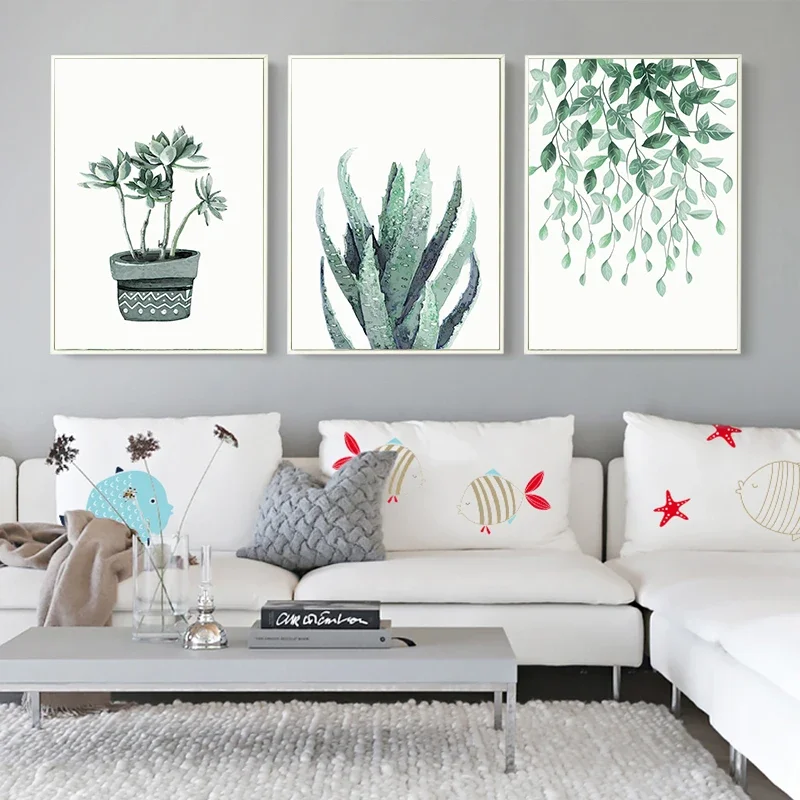 1pc frameless Canvas Painting Minimalist Green Plant Leaf Canvas Poster Picture Wall, Modern Living Room, Dining Room, Office In