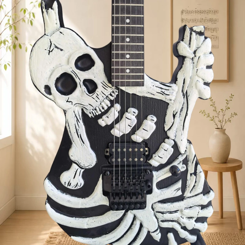 Matte Black Finish 3D Skull Sculpted Relief on Body Alien Shape Electric Guitar Equipped with Double-Locking Tremolo System