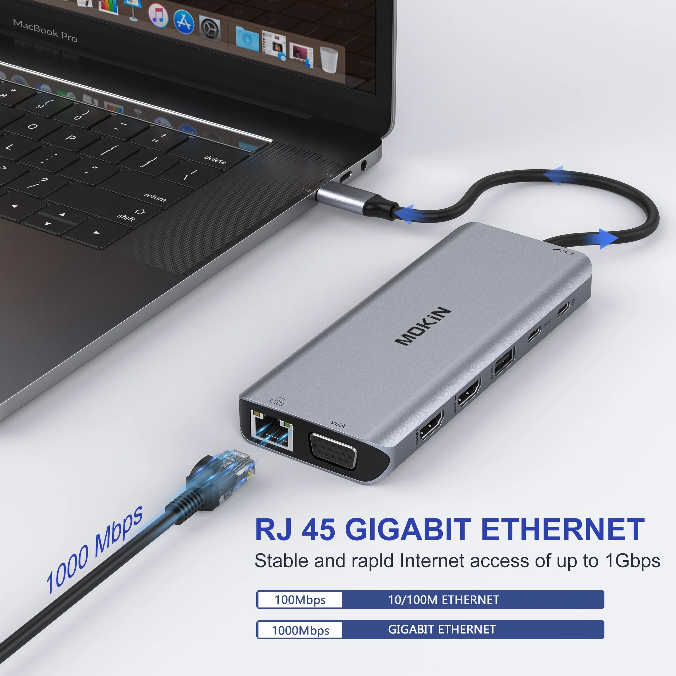 MOKiN-estación de acoplamiento para MacBook Air Pro M1 M2, adaptador de concentrador de USB-C con 5gbps, USB3.0, 4K60Hz, HDMI, PD, 100W, SD/TF, RJ45