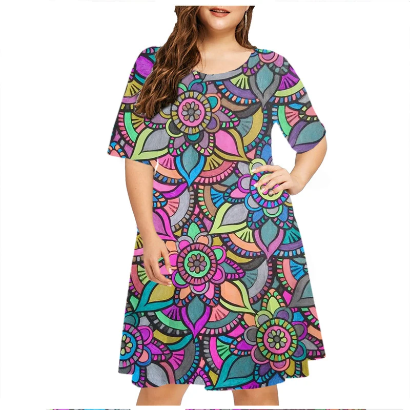 6XL Plus Size Dresses Women Abstract Painted Print Dress Summer Vintage Pattern Short Sleeve A-Line Dress Casual Party Sundress