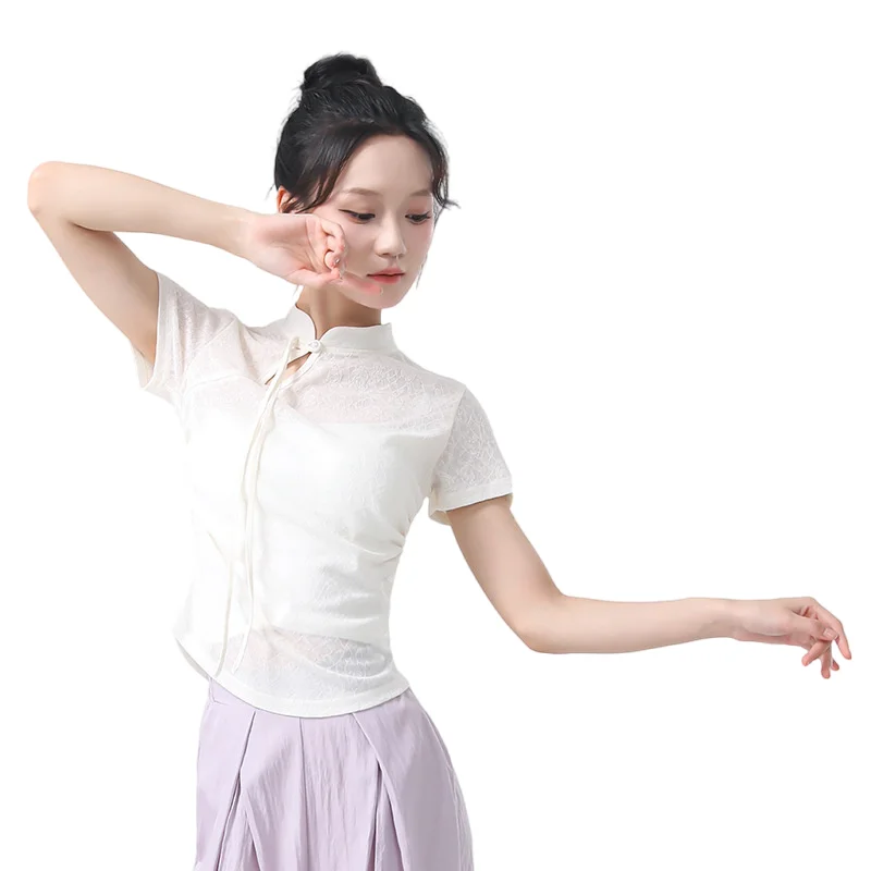 

Modern Hanfu Short Sleeve Chinese Traditional Cheongsam High Collar Elegant Rose Shirt Women Classical Modern Dance Top Summer