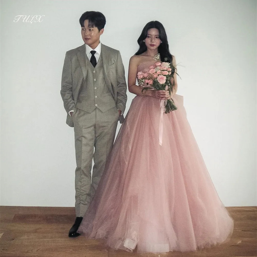 

TULX Fairy Pink Tulle Evening Dress Korea Wedding Photo Shoot Strapless Sleeveless A line Long Party Dress Corset Customized