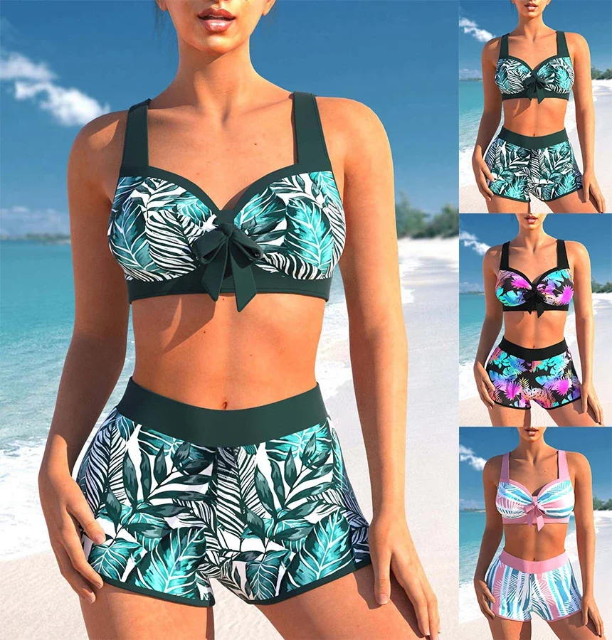 

Summer Sexy Women's Bikini Set, Fashionable Swimming Pool Swimsuit, Retro Leaf Print Camisole Swimsuit S-5XL