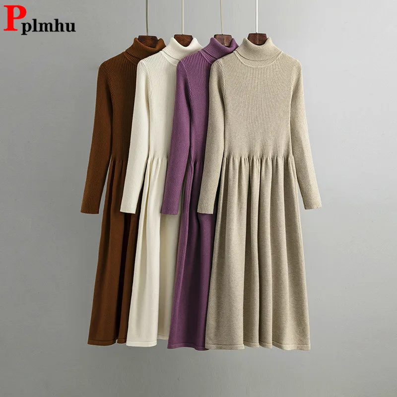 

Fall Winter Knit Turtleneck Underlay Sweater Dress Women Casual Slim Knitted A-lined Long Dresses Korean Long Sleeve Vestidos