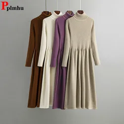 Fall Winter Knit Turtleneck Underlay Sweater Dress Women Casual Slim Knitted A-lined Long Dresses Korean Long Sleeve Vestidos