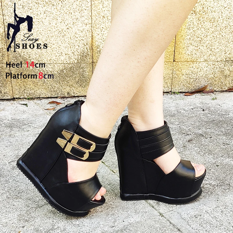 Street Performance High Heels 14CM Wedges Heel Summer Model Sandals For Women Europe and America Back Zip Cross-dressing Shoes