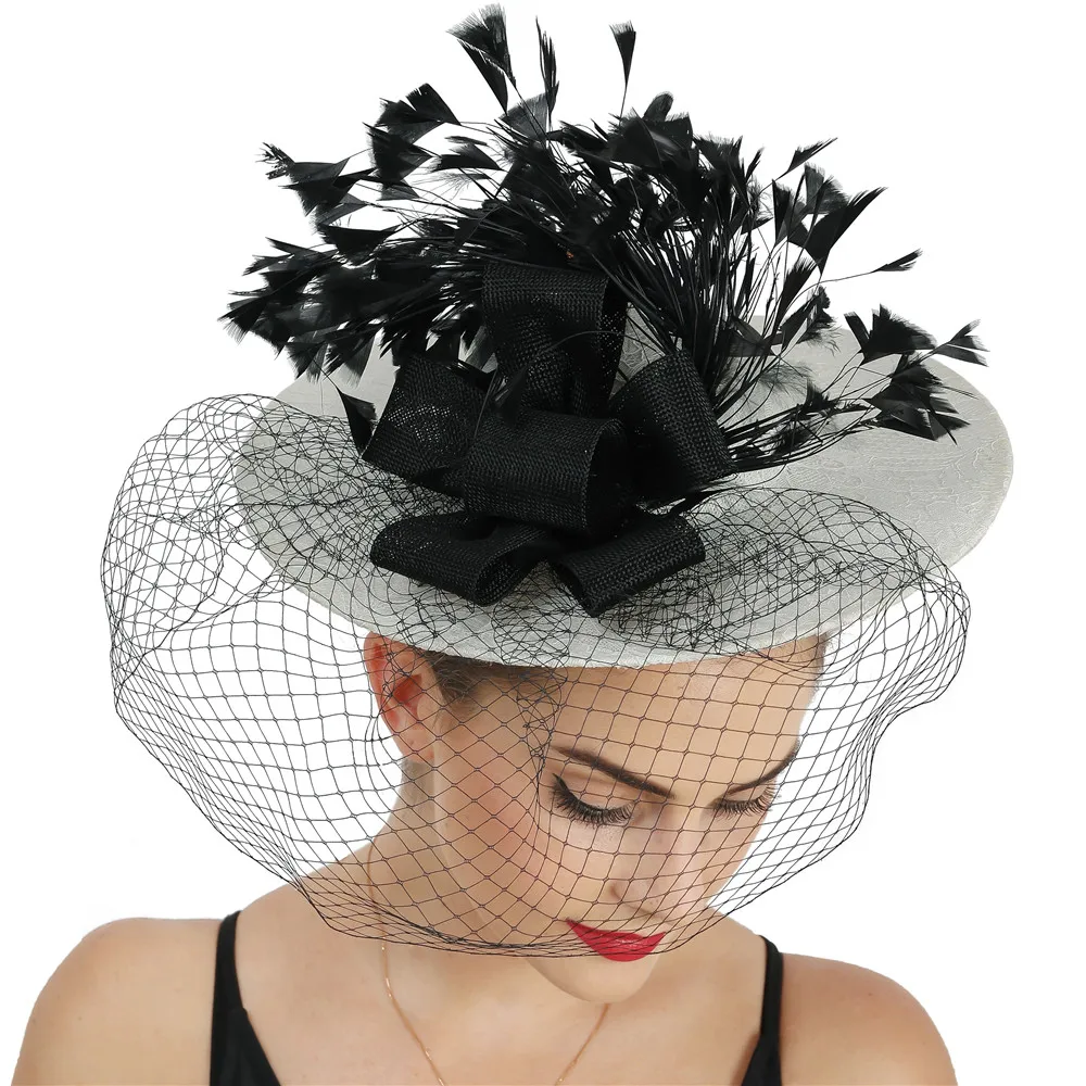 Beige Ladies Chapeau Caps Women Derby Kenducky Fascinators Headwear Headbands Church Headpiece Black Feathers Hair Accessories