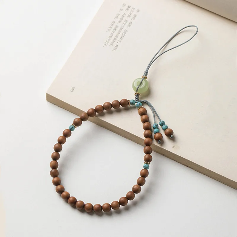 Literary Retro Sandalwood Wind Chime Hanging Decor 6mm Wooden Wrist Lanyard Phone Chain Women Peace Charm Anti-lost Accessory