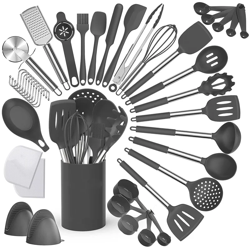 Silicone Kitchen Cooking Utensil Set, 43 pcs Spatula Set with Stainless Steel Handle, Non-stick Heat Resistant - Best Cookware S