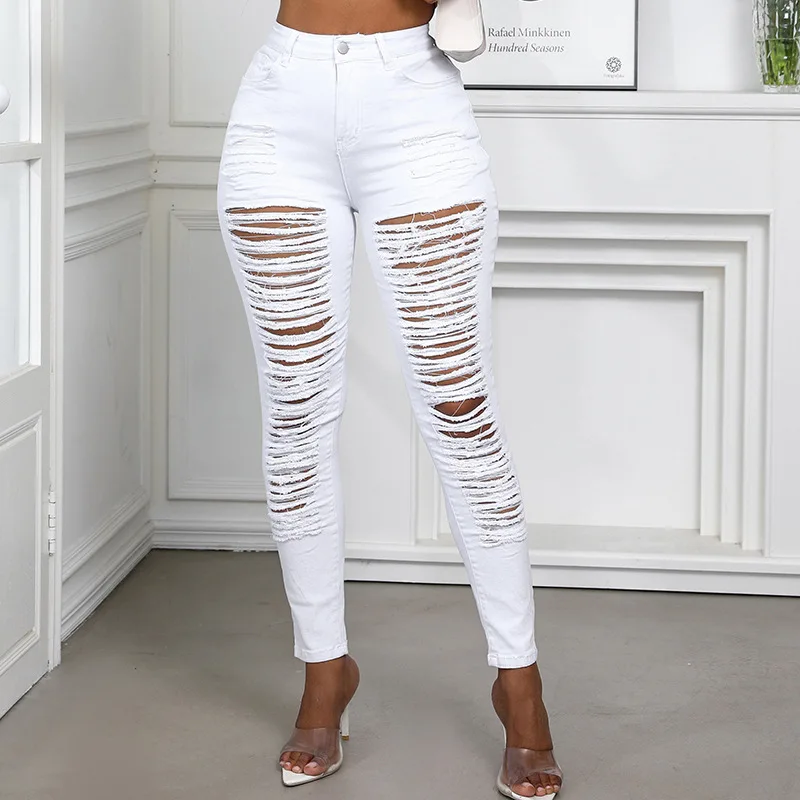 

Women Spring Summer Jeans Trouser Solid Color High Waist Hollow Out Pencil Pants Button Sheath Casual Fashion Comfortable Fit