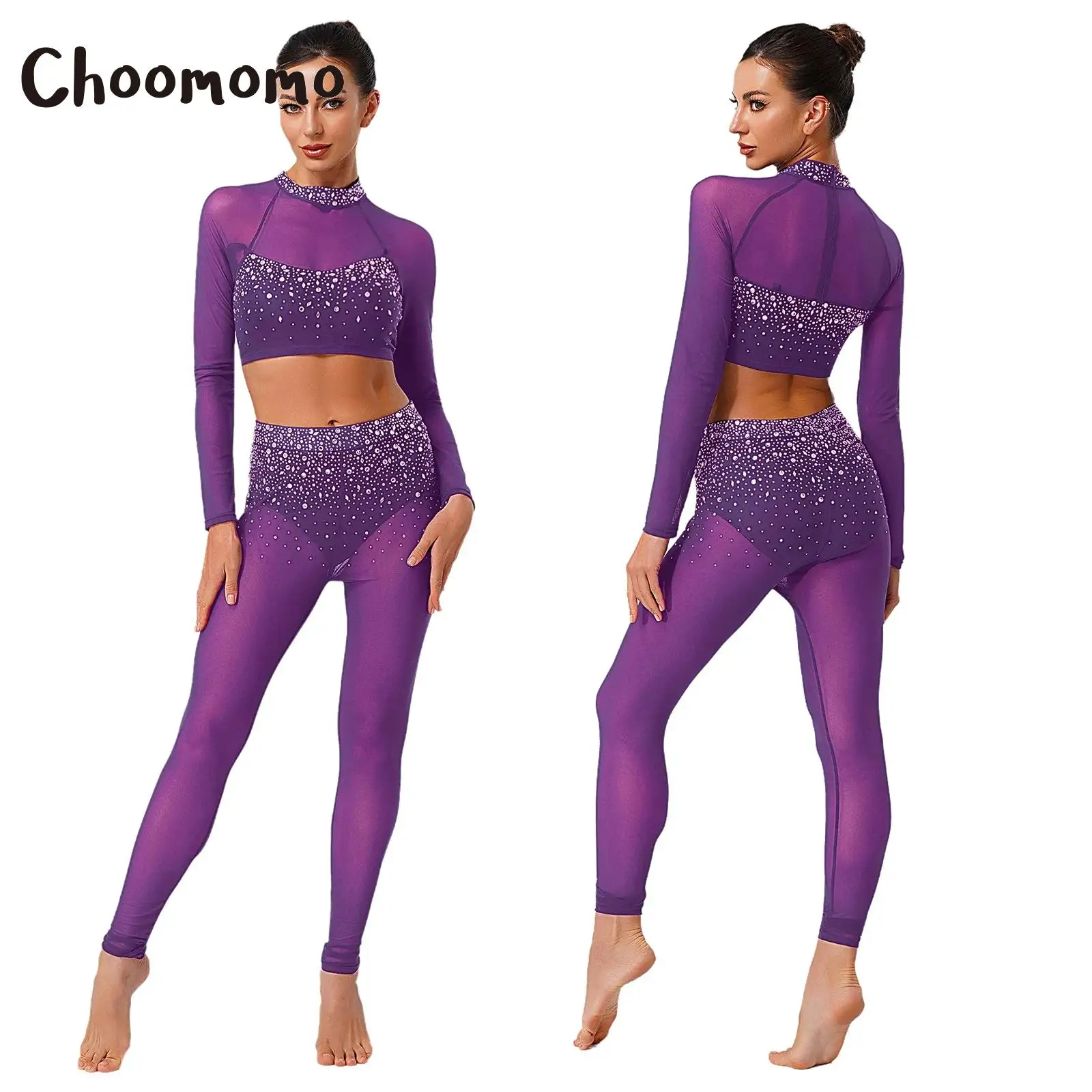 

Women Modern Lyrical Dance Outfit Rhinestone Long Sleeve Sheer Mesh Crop Top Leggings Tights Latin Ballet Gymnastic Workout