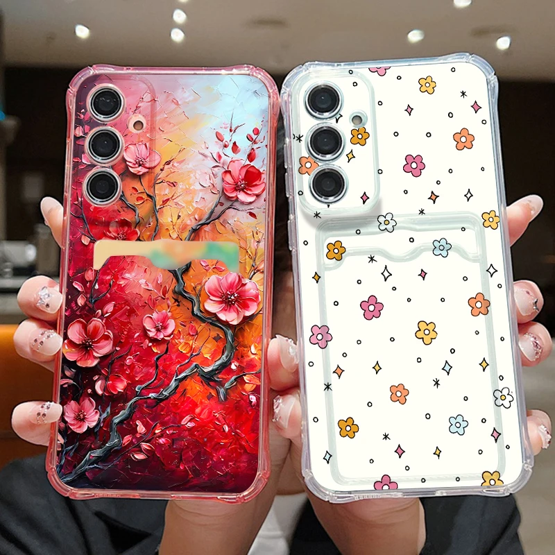Vintage Floral Case For Samsung S26 S25 Ultra S24 FE S23 Plus S22 S21 A15 A16 A17 A35 A36 A37 A54 A55 A56 A57 5G Card Slot Cover