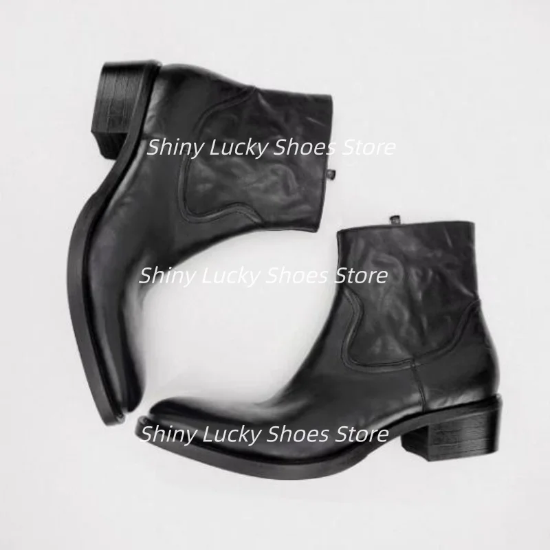 

Pleated Shoes for Mens Square Toes Chunky High Heels Side Zippers Males Short Boots Solid Tacones Sewing Lines Chassure Hommes