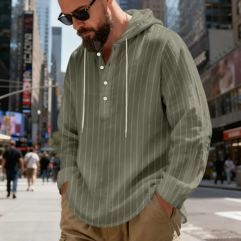 

Breathable Linen Men's Striped Hooded Henley Shirt Long Sleeve Casual Comfortable Daily Pullover Tops