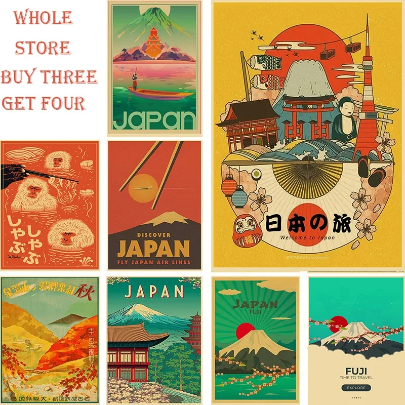 Japan Tourist Attractions Poster Tokyo Fuji Travel Kraft Paper Vintage Room Bar Scenic Spots Decor Aesthetic Art Wall Painting