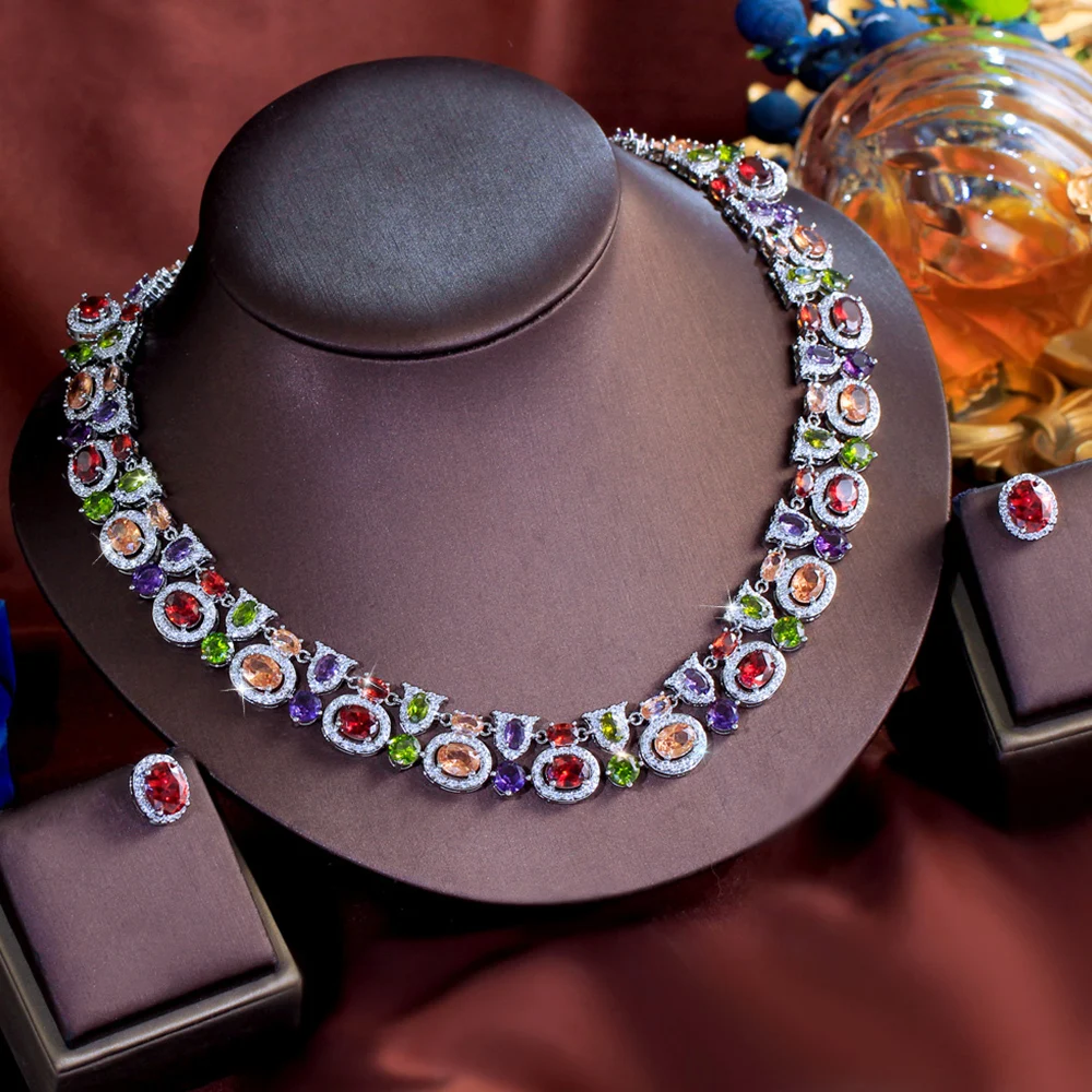 CWWZircons Luxuriöses Geometrisches Mehrfarbiges Zirkon-Ohrringe-Halsketten-Set für Frauen Boho Party Hochzeit Kostümschmuck Großhandel T0983 – Detail 9