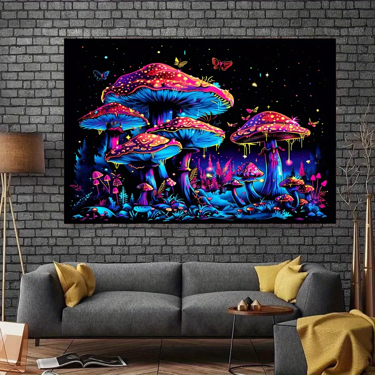 VIKAMA Psychedelischer Pilzwald-Wandteppich im Neon-Stil, Schlafzimmer-Atmosphäre, Hängedekoration, Raumdekoration, Heimdekoration