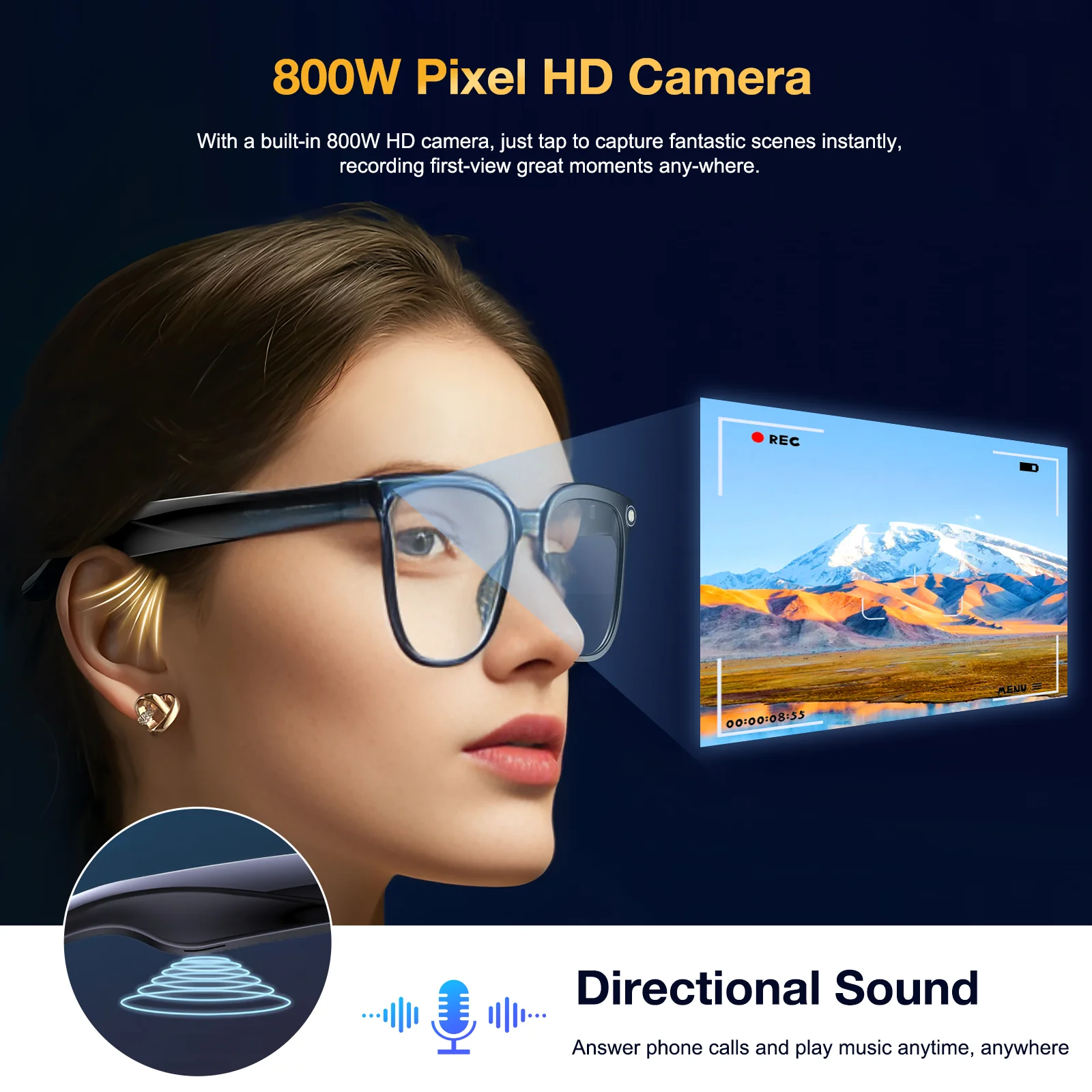 800W KI-Kamera Smart-Brille Echtzeit-Übersetzung Chat 1080P Videoaufnahme IP65 Wasserdicht 41g Ultraleicht