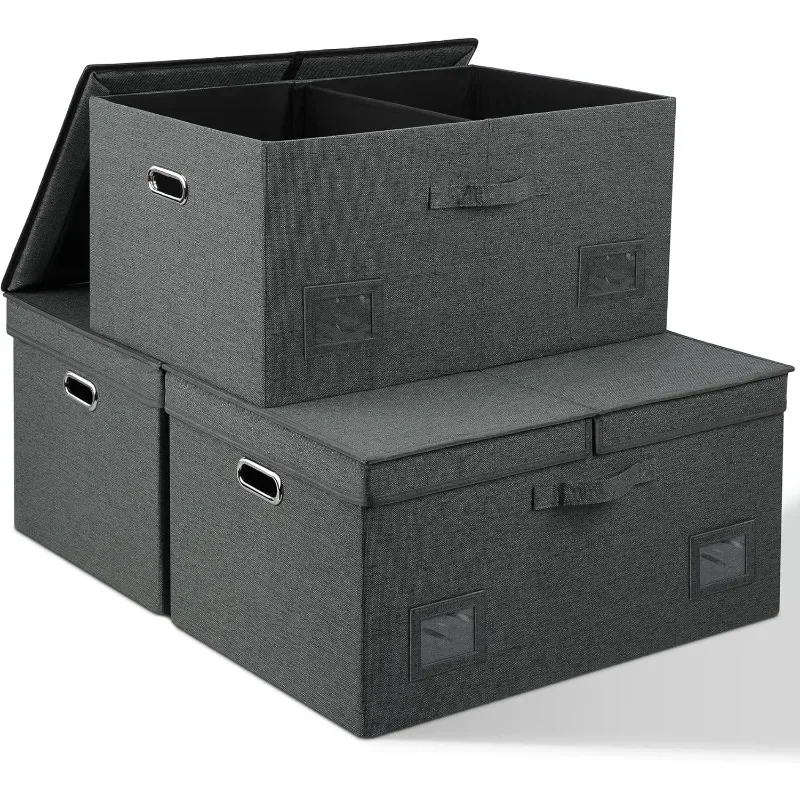 

75 Quarts Extra Large Decorative Storage Bins with Lids, 3 Packs Dark Gray Collapsible Storage Bins with Lids