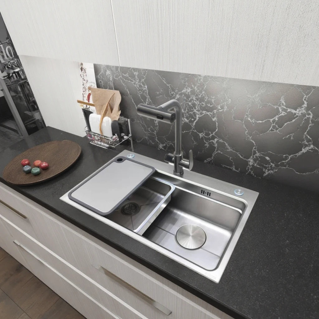 Smart 304 Stainless Steel Nano Black LED Waterfall With Multifunction & Cup Washer Kitchen Sink