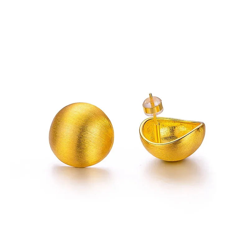 9999 real gold 24K yellow gold brushed hemispherical stud earrings niche design retro