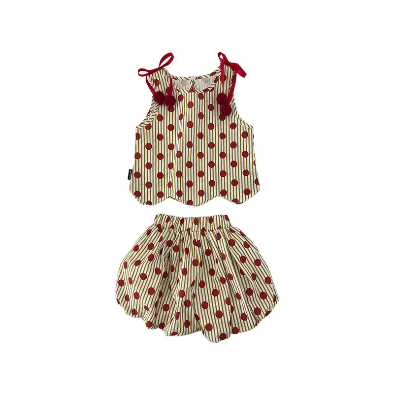 Girl Polka Dot Set Children\'s Clothing Summer New Baby Cute Suspender Sleeveless Top and Shorts Two-piece Set Kids Suits