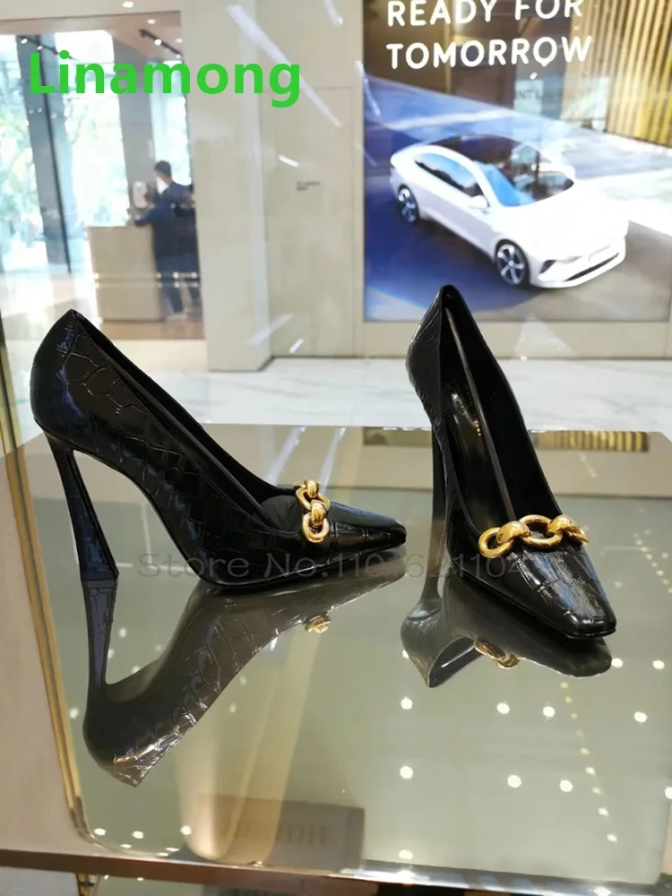 Black Pointed Toe Alligator Pattern Pumps For Female Women 2025 Thin High Heel Metal Chain Luxury Design Slip-on Elegant Shoes