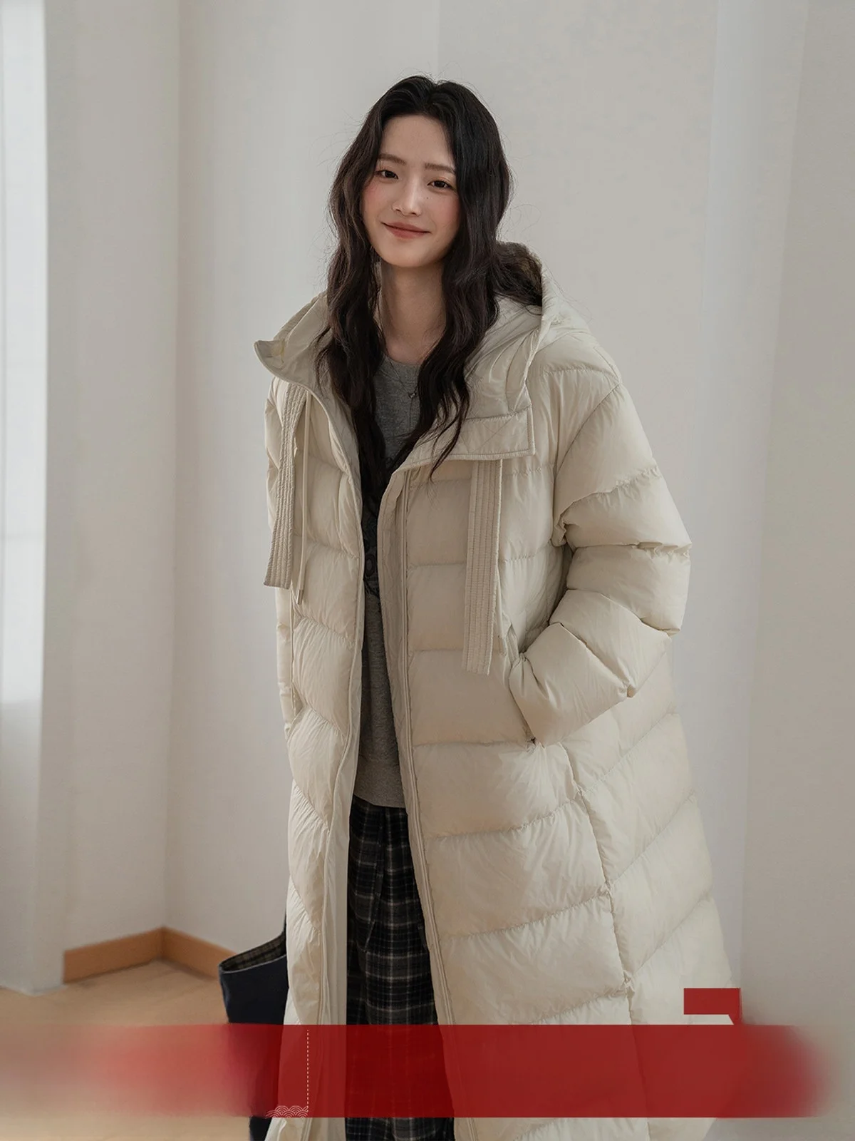 

MoZao Peach Color Hooded Women's down Jaet White Du Feather Warm Long Coat Autumn Winter New Sle Korean Version Straigh...