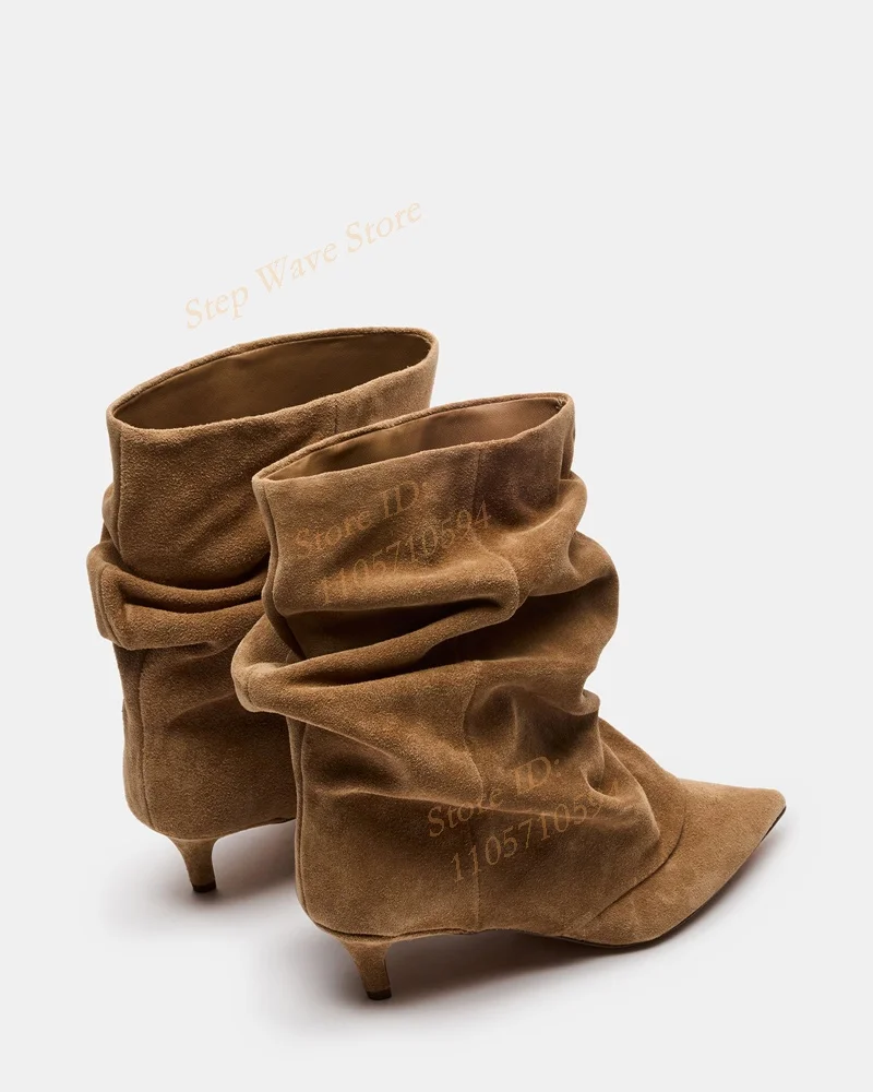Brown Pleated Ankle Booties Sexy Pointy Toe Thin Middle Heel Slouchy Slip On Runway 2026 Winter Autumn Women Shoes Latest Style