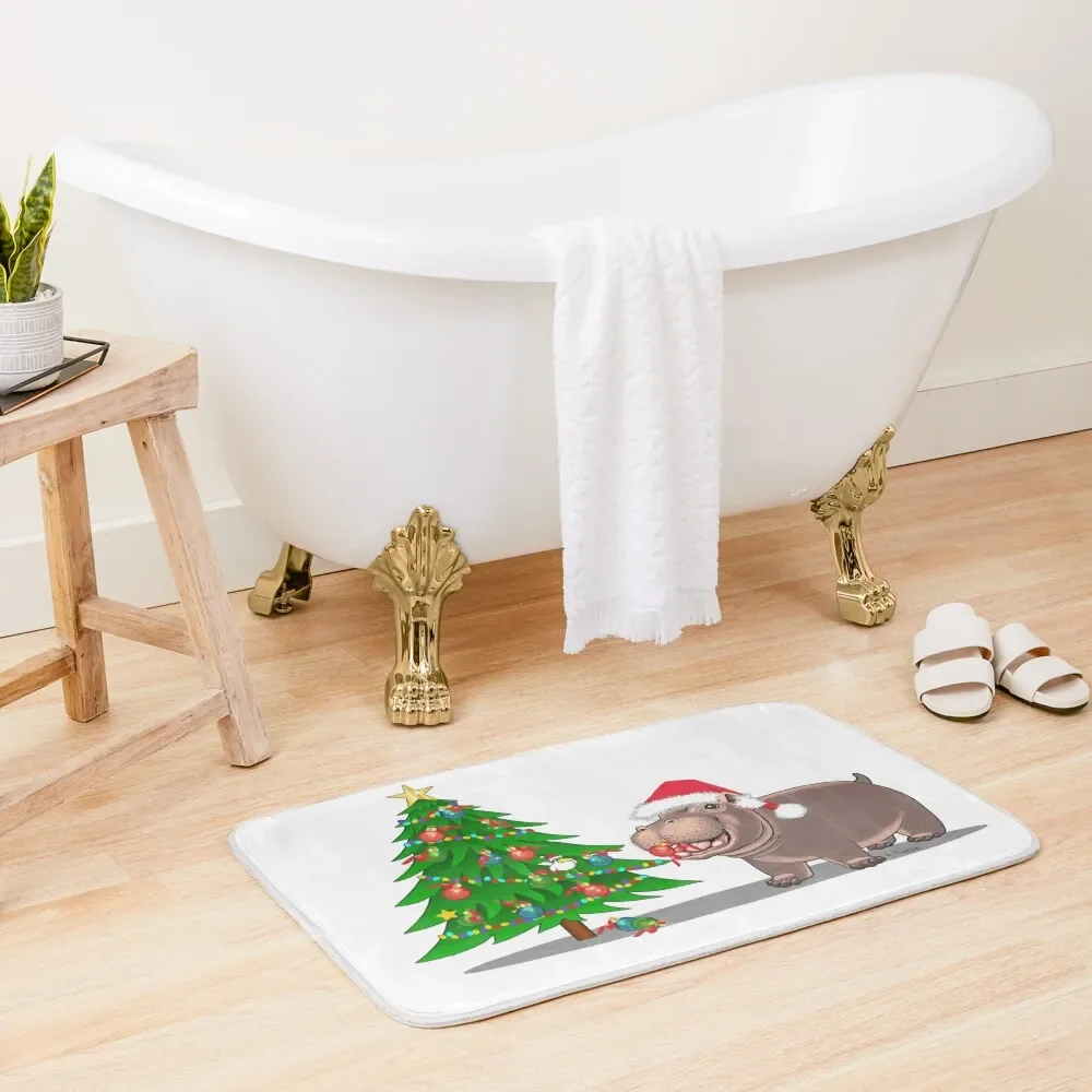 

Playful Baby Hippo Holiday Christmas Tree Bath Mat Non-Slip Bathroom Bedroom Carpet DoorFor The Door Mat