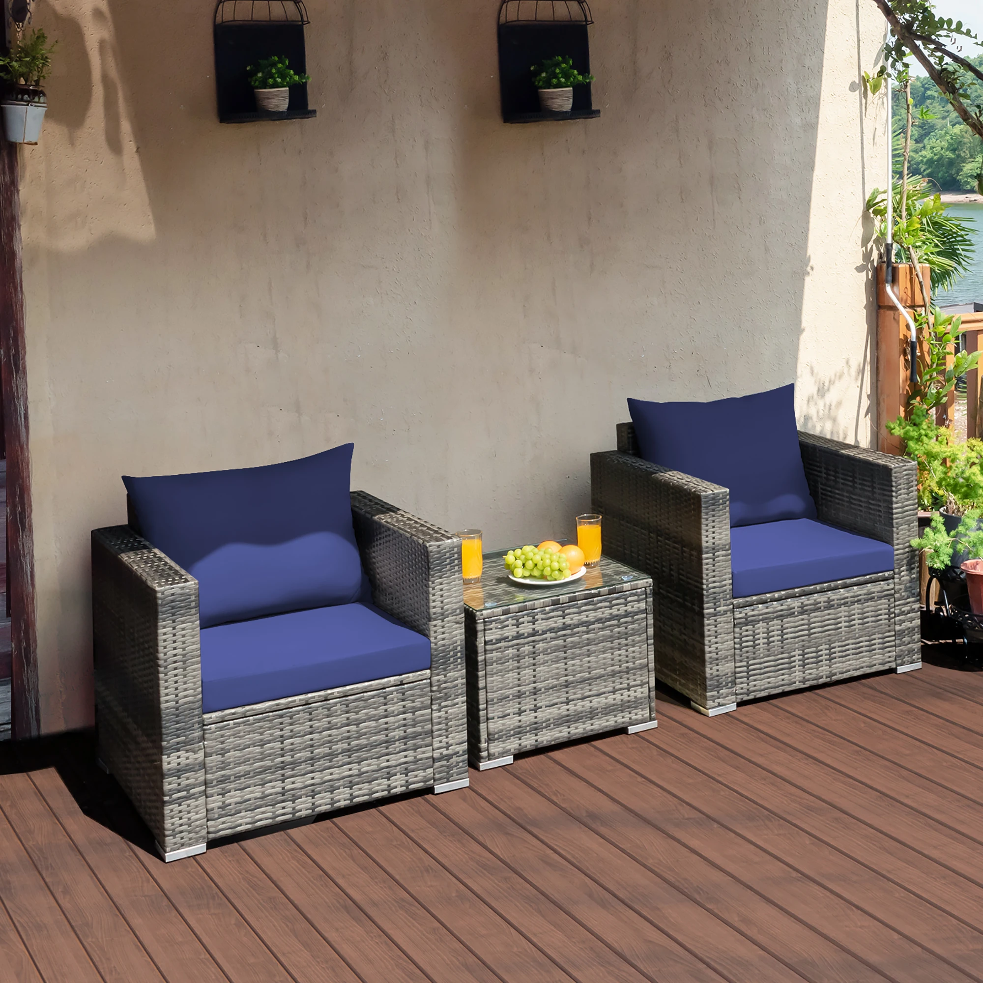 3 PC Patio Rattan Furniture Bistro Set Cushioned Sofa Chair Table Navy