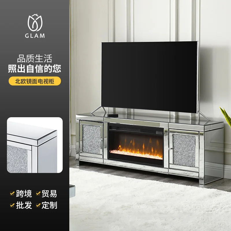 Silver mirror TV cabinet with simulated fire fireplace electronic creative light luxury