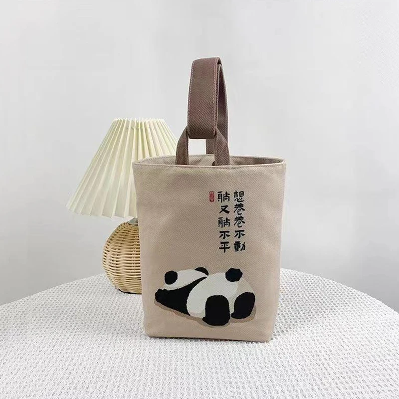 Fashionable Hand Held Canvas Bag Cute Panda Hand Held Bucket Bag Small Cloth Bag