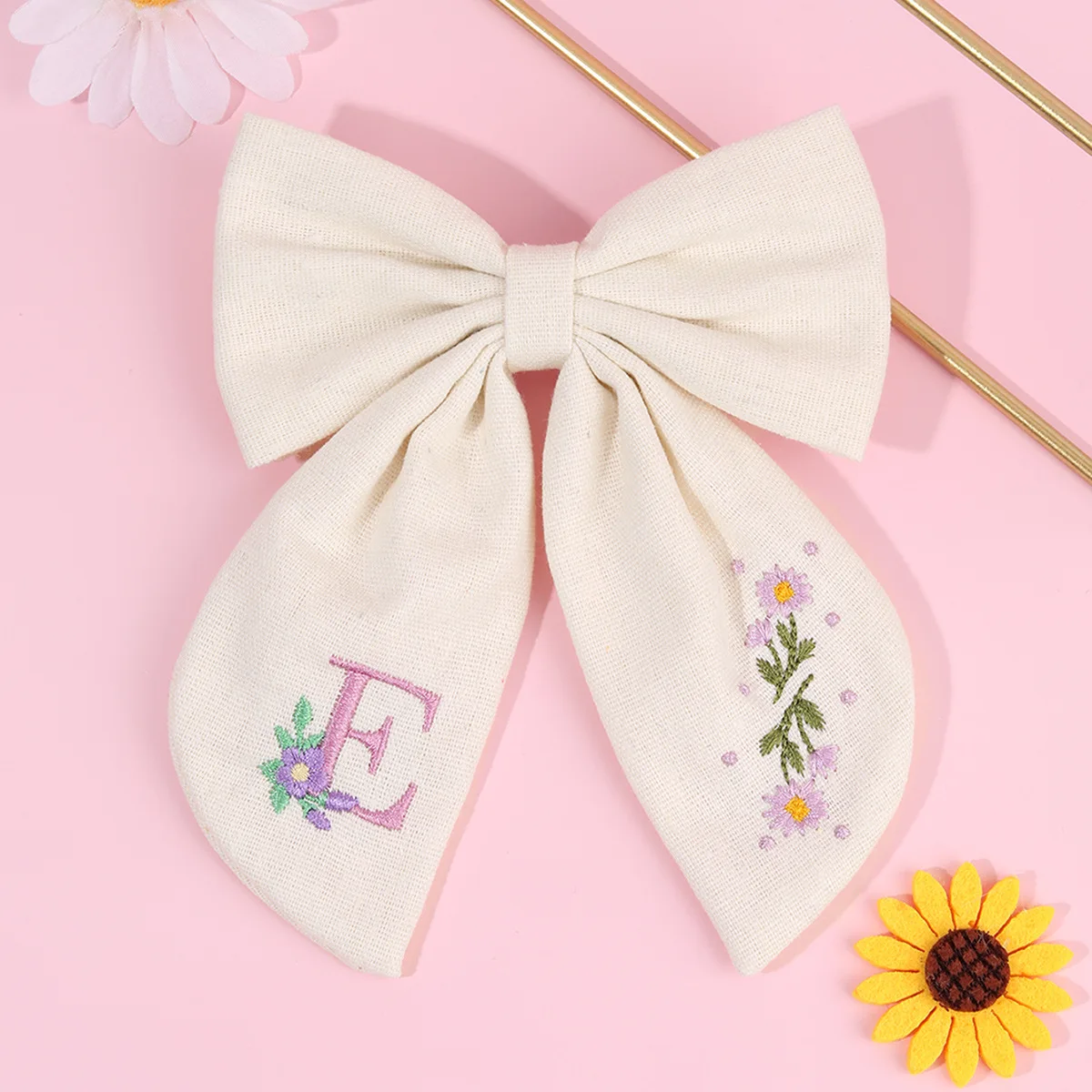 24pcs Fable Bow Hair Clips Set for Girls Linen Cotton Floral Embroidery Barrettes Baby Letter Hairpins Hair Accessories Bulk