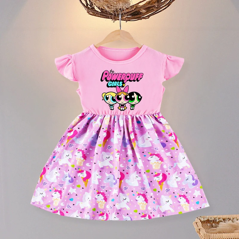 Powerpuff Girl Casual Summer Dress O-Neck Flying Sleeves Cartoon Print Princess Dresses with Ruffled Edge Birthday Party Clothes