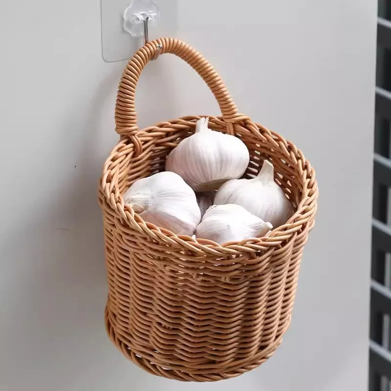 

Kitchen Storage Basket Hand-woven Garlic Hanging Fruit Vegetable Sundries Flower Basket Wall Hanging Handle Organizer Home Decor