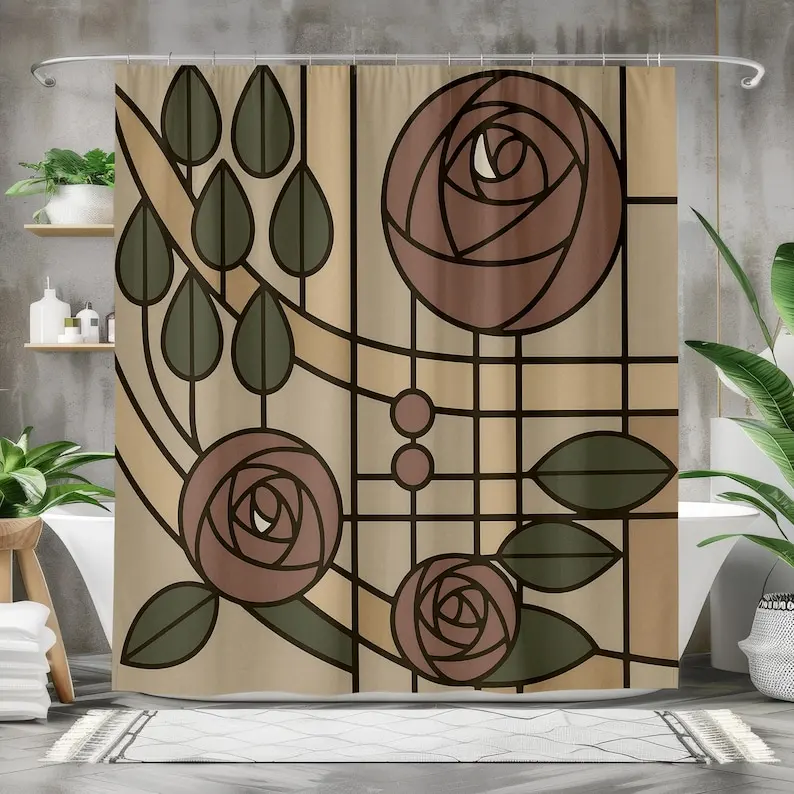 

Muted Rose Stained Glass Shower Curtain – Mackintosh Inspired, Waterproof Polyester Fabric Tone Floral Art Deco Bath Curtain