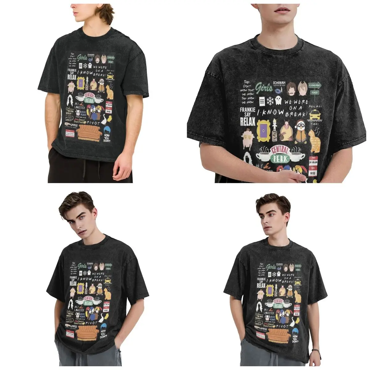 Unisex Funny Friends Collage Hip Hop Short Sleeve T-Shirts Washed Tops Tees Streetwear T Shirt Cotton for Men woman