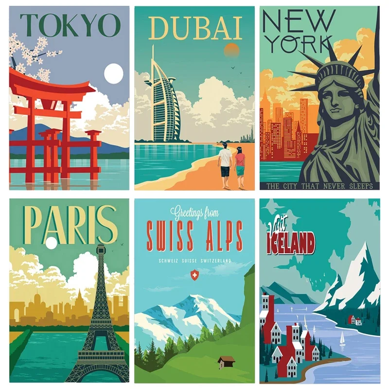 Travel City Vintage Poster Metal Tin Signs New York Paris Tokyo Landscape Retro Plaque Metal Plate Wall Art Decor for Bar Home