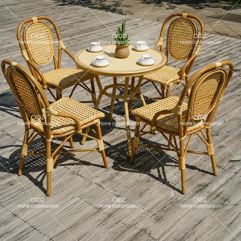 Outdoor Rattan Patio Furniture Set Waterproof Sunproof Wicker Chair and Square Round Table for Courtyard Balcony Villa Garden