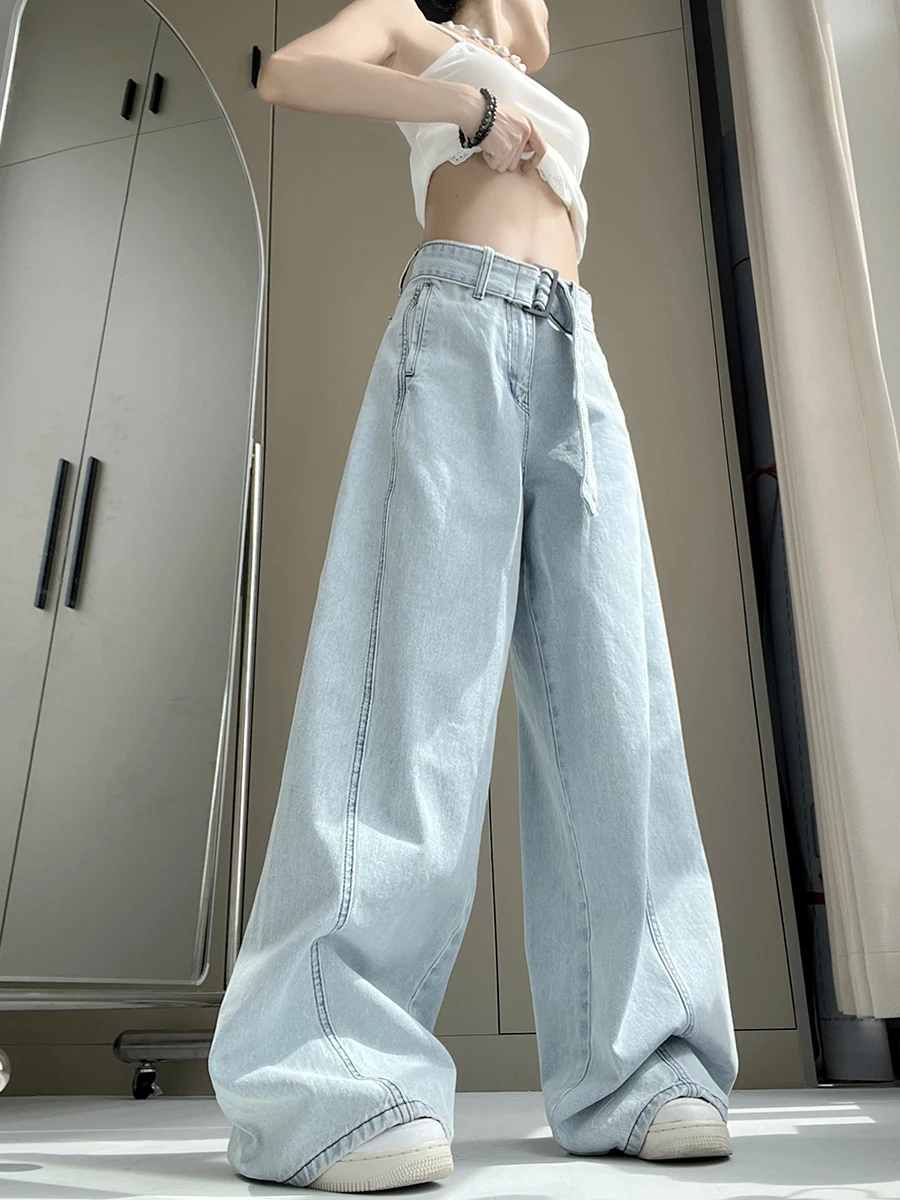American Low Waist Wide Leg Jeans with Matching Belt Retro Spring New Straight Long Pants Loose Fit Floor Length Trousers