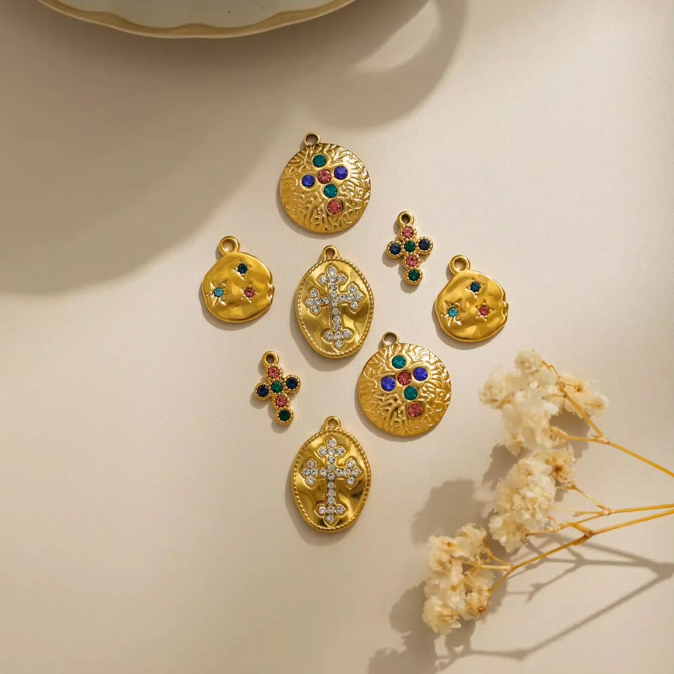 3-Piece Set: Gold-Plated Cross & Star Pendants with Colorful Zirconia — Suitable for DIY Women's Jewelry Making