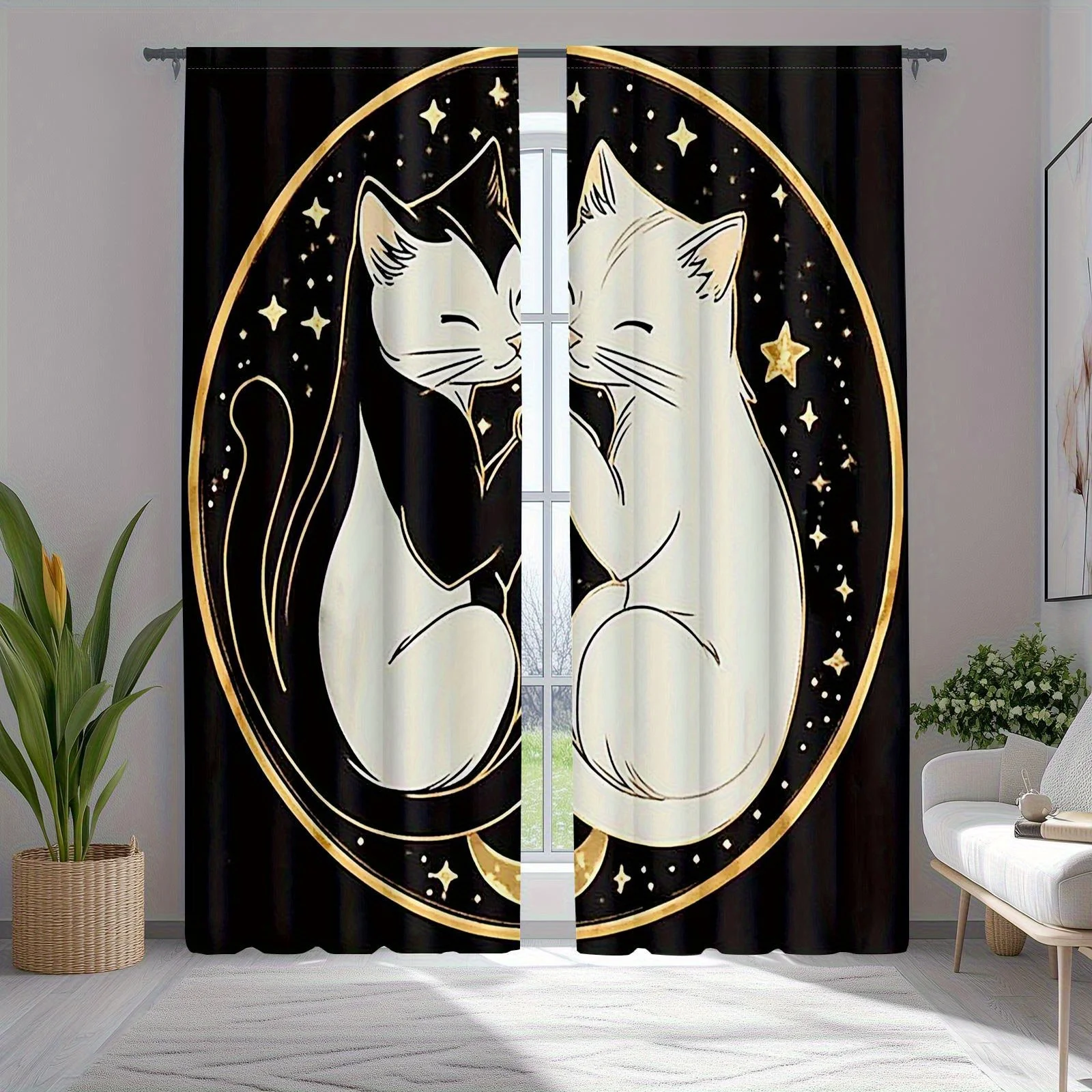 2pcs Traditional Black & White Cat Printed Polyester Curtains, Semi-Sheer Rod Pocket Drapes with Glitter Stars and for galaxy