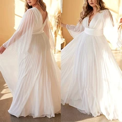 Pleated Elegant Dress Female Solid V Neck Clothing Luxury Dinner Evening Long Robe 2025 Spring Women Party Dress